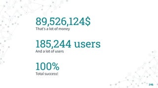 89,526,124$
Thatʼs a lot of money
100%
Total success!
185,244 users
And a lot of users
146
 