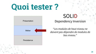 SOLID
Dependency Inversion
“Les modules de haut niveau ne
doivent pas dépendre de modules de
bas niveau.”
Quoi tester ?
29
Présentation
Métier
Persistence
 