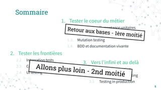 5
Sommaire
1. Tester le coeur du métier
1.1. TDD et tests dʼacceptance unitaires
1.2. Sacraliser le domaine métier
1.3. Mutation testing
1.4. BDD et documentation vivante
2. Tester les frontières
2.2. Integration tests
2.3. Contract testing
2.4. UI testing
3. Vers lʼinfini et au delà
3.1. Exploration testing
3.2. Property Based Testing
3.3. Testing in production
Retour aux bases - 1ère moitié
Allons plus loin - 2nd moitié
 