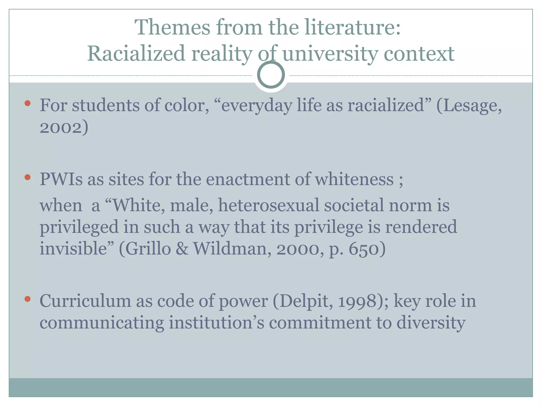 Themes from the literature:
        Racialized reality of university context

 For students of color, “everyday life as racialized” (Lesage,
  2002)

 PWIs as sites for the enactment of whiteness ;
  when a “White, male, heterosexual societal norm is
  privileged in such a way that its privilege is rendered
  invisible” (Grillo & Wildman, 2000, p. 650)

 Curriculum as code of power (Delpit, 1998); key role in
  communicating institution’s commitment to diversity
 