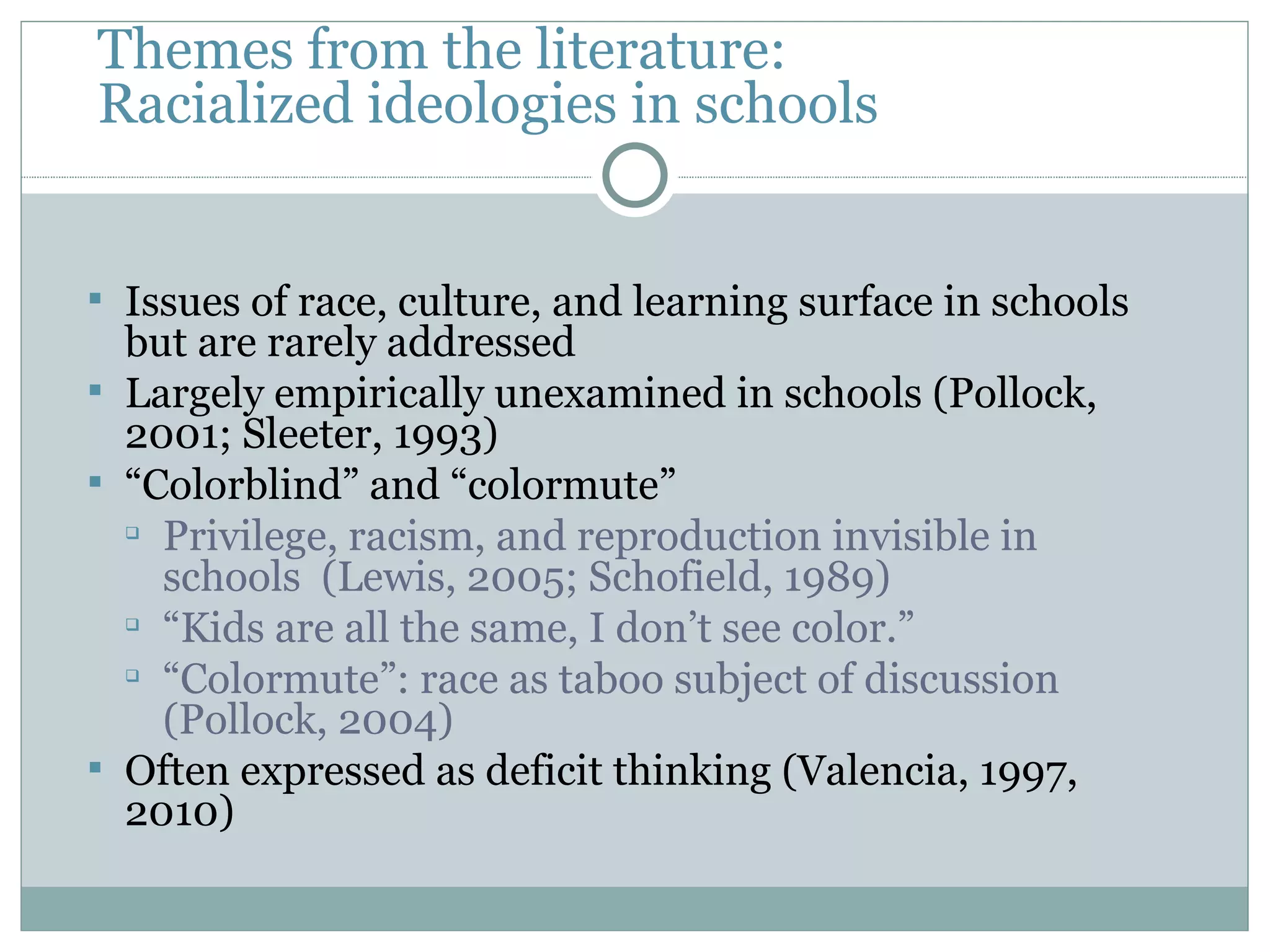 Themes from the literature:
Racialized ideologies in schools


 Issues of race, culture, and learning surface in schools
  but are rarely addressed
 Largely empirically unexamined in schools (Pollock,
  2001; Sleeter, 1993)
 “Colorblind” and “colormute”
  
    Privilege, racism, and reproduction invisible in
    schools (Lewis, 2005; Schofield, 1989)
  
    “Kids are all the same, I don’t see color.”
  
    “Colormute”: race as taboo subject of discussion
    (Pollock, 2004)
 Often expressed as deficit thinking (Valencia, 1997,
  2010)
 