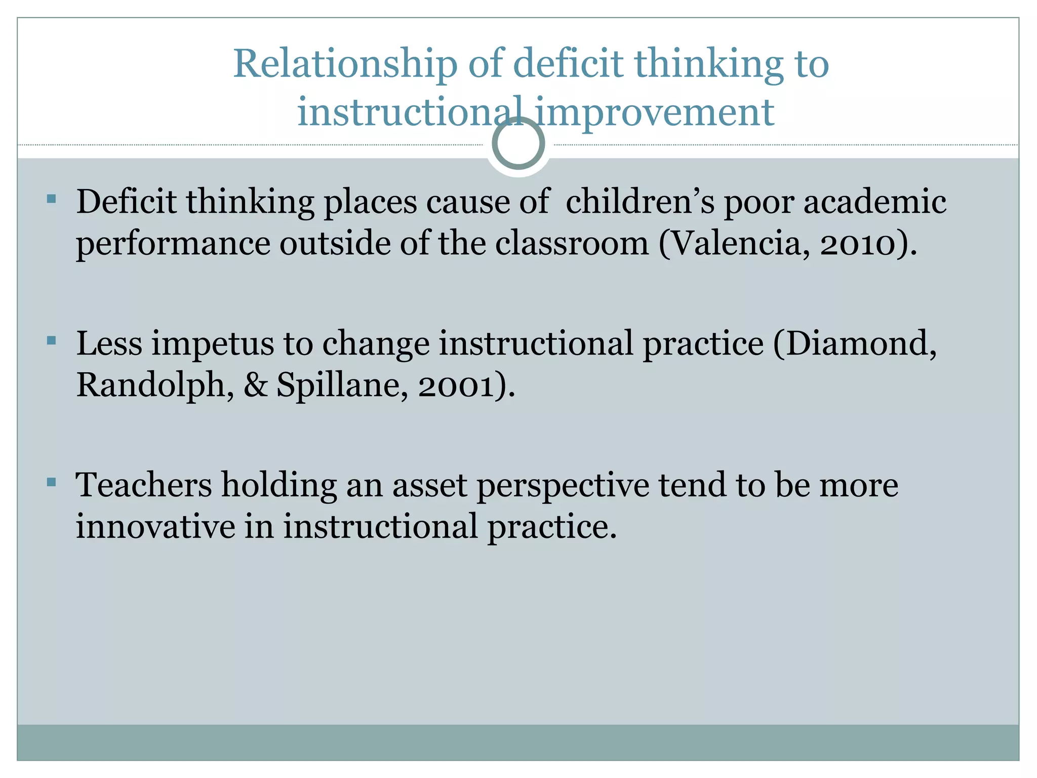 Relationship of deficit thinking to
               instructional improvement

 Deficit thinking places cause of children’s poor academic
  performance outside of the classroom (Valencia, 2010).

 Less impetus to change instructional practice (Diamond,
  Randolph, & Spillane, 2001).

 Teachers holding an asset perspective tend to be more
  innovative in instructional practice.
 