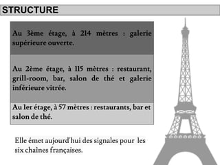 Au 1er étage, à 57 mètres : restaurants, bar et
salon de thé.
Au 2ème étage, à 115 mètres : restaurant,
grill-room, bar, salon de thé et galerie
inférieure vitrée.
Au 3ème étage, à 214 mètres : galerie
supérieure ouverte.
STRUCTURE
Elle émet aujourd'hui des signales pour les
six chaînes françaises.
 