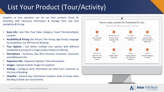 www.travellgds.com | www.amarinfotech.com
List Your Product (Tour/Activity)
Suppliers or tour operators can list out their products (Tours Or
Activities) with necessary information & manage their real time
availability & Pricing.
▪ Basic Info : Like Title, Tour Code, Category, Travel Theme(multiple),
Location.
▪ Availability & Pricing :Per Person / Per Group, Age Group, Language
for Guidelines, Cut Off Time for Booking.
▪ Tour Options : Can define multiple tour options with different
availability & pricing for a single product based on offering.
▪ Descriptions : Summary, Day Wise Itinerary, Inclusions, Exclusions
and Additional info.
▪ Departure Info : Departure Options, Time and Location
▪ Images : Upload multiple images for products
▪ Settings : Configure what information we need from customers at
the time of booking.
▪ Checklist : General key information travelers need to know when
deciding to book your tour/activity.
 