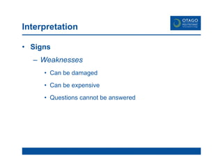 Interpretation Signs Weaknesses Can be damaged Can be expensive Questions cannot be answered 