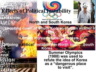 Effects of Political Instability
              North and South Korea
 Shooting down of South Korean civilian airliner in
                     1980.
          •South Korean student protests.
Ongoing political instability in North and   South
                      Korea.
                          Summer Olympics
                          (1988) was used to
                       refute the idea of Korea
                        as a “dangerous place
                                 to visit”.
 