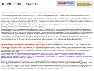 КОММЕНТАРИИ К АНАЛИЗУ:


• Анализ поведения агентов-пользователей системы TOURINDEX в СЕНТЯБРЕ 2011 года показывает, что:

•23,2% запросов пришлось на Египет. Заметим, что это на 11,1% меньше долевого показателя Египта в сентябре 2010 года. Количество запросов по Египту
уменьшилось на 20,3% по сравнению с прошлым годом.
• Второе место по количеству запросов заняла Турция, уступившая своѐ лидерство по сравнению с августом этого года. Доля Турции в сентябре 2011 года
составила 20,6%, что почти на 3% меньше, чем в сентябре прошлого года (23,4%). Количество запросов по Турции в сентябре увеличилось на 4% по сравнению с
прошлым годом. На третьем месте идѐт Таиланд с долей 10,5% , увеличивший свой долевой показатель почти на 2% по сравнению с сентябрѐм прошлого года.
Количество запросов по Таиланду в сентябре возросло на 44%.
•На долю ОАЭ, занявших в сентябре четвѐртое место, пришлось 5,3% запросов, что почти на 2% больше долевого показателя сентября прошлого года.
Количество запросов по ОАЭ увеличилось в сентябре этого года почти на 80%.
•На долю Греции, идущей следом пришлось 4,8% запросов (против 3,1 % в прошлом году). Количество запросов по Греции увеличилось на 83% по сравнению с
сентябрѐм прошлого года. На долю Кипра пришлось 4% запросов, что на 1,5% больше долевого показателя сентября прошлого года. Количество же запросов
агентств по Кипру увеличилось почти на 90% в сравнении с сентябрѐм прошлого года. На долю Испании пришлось 3,5% запросов, что на 1,5% больше долевого
показателя сентября прошлого года, количество запросов по Испании в сентябре возросло более чем в два раза. На долю Доминиканской Республики пришлось
2,3% запросов (против 2,1% в прошлом году). Количество же самих запросов агентств-пользователей TOURINDEX по Доминикане возросло почти на треть. На
долю Италии пришлось 2,2% запросов (против 1,3% в сентябре прошлого года), количество запросов по Италии увеличилось почти в 2 раза.
•. На долю Туниса и Индии пришлось по 2,1% запросов. Для Туниса это на 0,7% меньше, а для Индии это на 0,6% больше чем в сентябре прошлого года.
Количество запросов по Тунису уменьшилось на 12%, а вот количество запросов агентств по Индии возросло на две трети по сравнению с сентябрѐм прошлого
года. На долю других стран, за пределами ТОР-10 по спросу в сентябре этого года пришлось 19,3% запросов, (против 14,9% в прошлом году).

•Количество обработанных запросов агентств-пользователей TOURINDEX по всем странам в СЕНТЯБРЕ 2011 в целом увеличилось на 17,8% по сравнению с
сентябрѐм прошлого года и почти на 16% по сравнению с августом этого года и составило порядка 1 млн. запросов (против 853 тыс. в сентябре 2011 года и
866 тыс. в августе 2011). В сентябре все страны за исключением Турции, Египта и Туниса увеличили свои долевые показатели по сравнению с прошлым годом.
Отметим также, что общая суммарная доля запросов по двум наиболее популярным у россиянам странам - Турции и Египту уменьшилась в сентябре на рекордную
величину 13,8%. Наибольшая динамика увеличения запросов наблюдалось по Мексике. Количество запросов по этой стране возросло более чем в три раза. Более
чем в два раза возросло количество запросов по Шри-Ланке и Испании. Отрицательную динамику по сравнению с прошлым годом из стран первой двадцатки
показали только Египет и Тунис.
• Распределение первой шестѐрки операторов по количество запросов в сиcтеме TOURONDEX выглядит в сентябре следующим образом: Корал 9%
запросов, Пегас 8,8%, Тез Тур 8,7% запросов, Натали Турс 5,8% запросов, компания Анекс Тур 5,7% запросов, компания Санмар Тур 5,5%
запросов, НТК-Интурист 4,3%, Mostravel 3,9%. , S7 Tour 3,8%, компания Русский Экспресс 3,4% запросов. На оставшиеся за пределами первой десятки
запросов компании приходится около 41% запросов.

•По итогам суммарного периода за 9 месяцев 2011 года с января по сентябрь общее количество обработанных запросов уменьшилось на 3,7%.
В сентябре, продолжилось начатое в августе увеличение количества запросов агентств по сравнению с прошлым годом. При этом напомним, что начиная с января
по июль 2011 года процент прироста количества запросов по сравнению с прошлым годом неизменно уменьшался. В январе он составлял +53%, в феврале
+34,5%, в марте +20,6%, в апреле +20,2%. Начиная с мая и по июль этого года динамика запросов в системе TOURINDEX по сравнению с прошлым годом стала
неизменно отрицательной. В мае прирост составил минус 17%, в июне минус 52,7, в июле динамика достигла отрицательного минимума минус 54,7%. И лишь в
августе возобновилась положительная динамика с показателем 1,5%. А в сентябре показатель возрос до 17,8%.
 