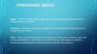 SPREADSHEET BASICS
Rows - These run from left to right across the window and their position is
designated by a number.
Columns - These run from top to bottom of the window and their position is
designated by a letter.
Cells - These are formed by the intersection of a row and a column. Each cell
in the spreadsheet is identified by a cell reference (cell address), which is
formed by combining the column position and the row position.
 