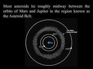 Most asteroids lie roughly midway between the
orbits of Mars and Jupiter in the region known as
the Asteroid Belt.
 