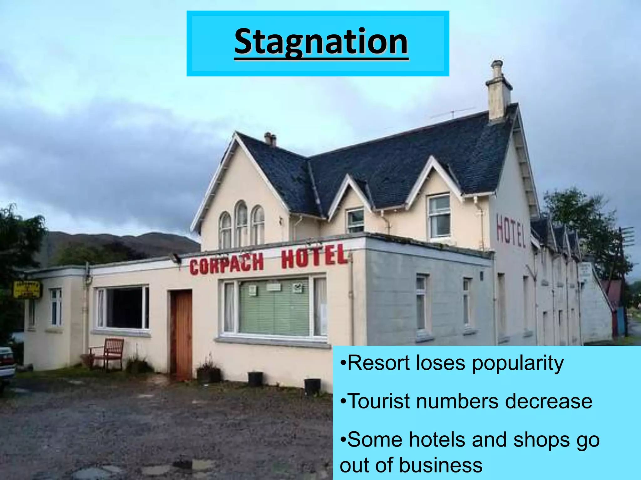 Stagnation
•Resort loses popularity
•Tourist numbers decrease
•Some hotels and shops go
out of business
 