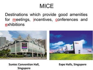 MICE
Destinations which provide good amenities
for meetings, incentives, conferences and
exhibitions
Suntec Convention Hall,
Singapore
Expo Halls, Singapore
 