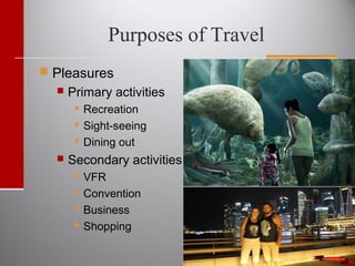 Purposes of Travel
 Pleasures
 Primary activities
 Recreation
 Sight-seeing
 Dining out
 Secondary activities
 VFR
 Convention
 Business
 Shopping
 