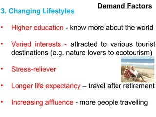 Demand Factors
3. Changing Lifestyles
• Higher education - know more about the world
• Varied interests - attracted to various tourist
destinations (e.g. nature lovers to ecotourism)
• Stress-reliever
• Longer life expectancy – travel after retirement
• Increasing affluence - more people travelling
 