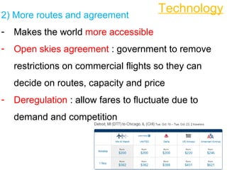 Technology2) More routes and agreement
- Makes the world more accessible
- Open skies agreement : government to remove
restrictions on commercial flights so they can
decide on routes, capacity and price
- Deregulation : allow fares to fluctuate due to
demand and competition
 