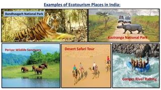 Examples of Ecotourism Places in India:
Bandhavgarh National Park
Kaziranga National Park
Periyar Wildlife Sanctuary Desert Safari Tour
Ganges River Rafting
 