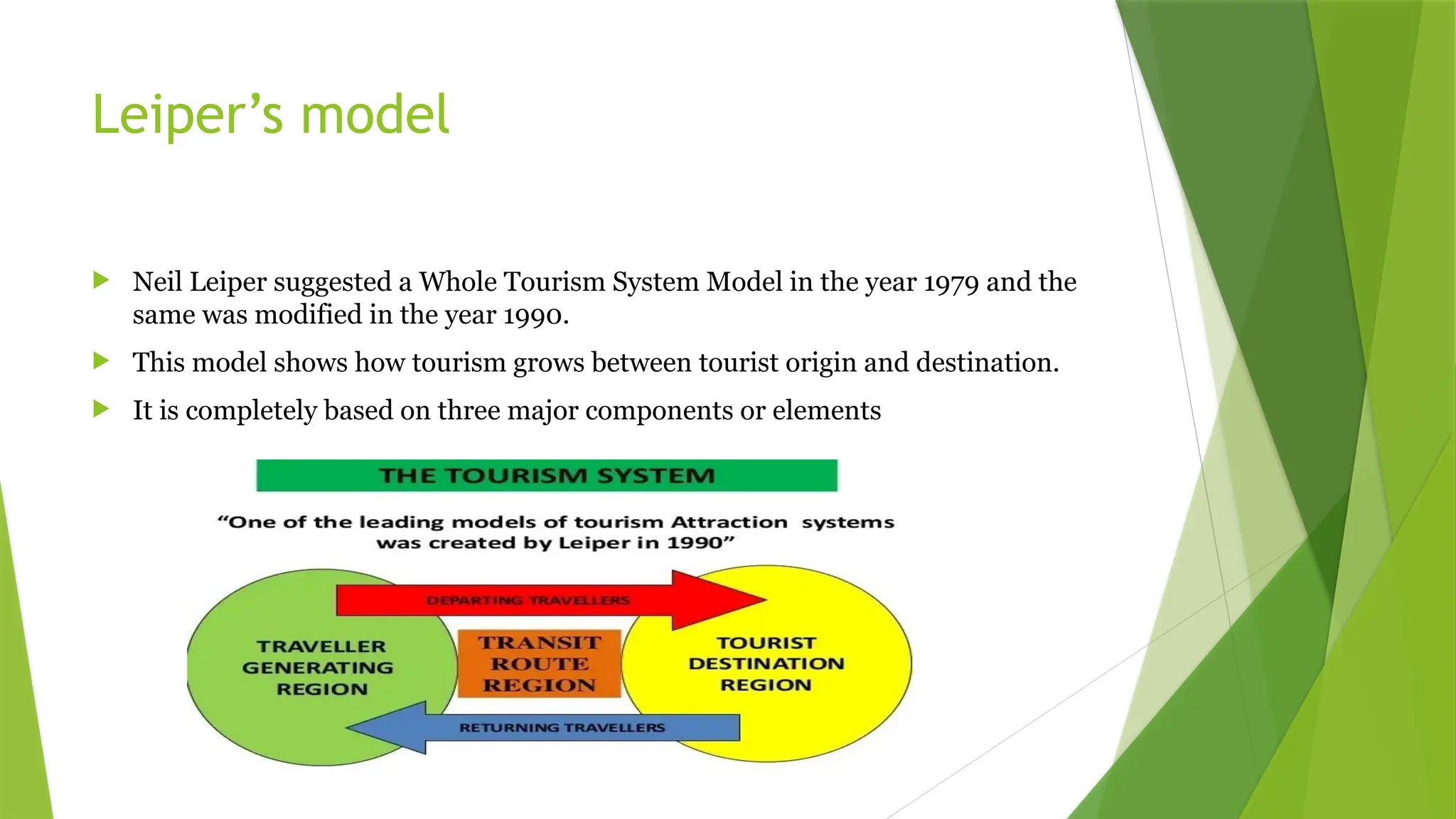 Leiper’s model
 Neil Leiper suggested a Whole Tourism System Model in the year 1979 and the
same was modified in the year 1990.
 This model shows how tourism grows between tourist origin and destination.
 It is completely based on three major components or elements
 