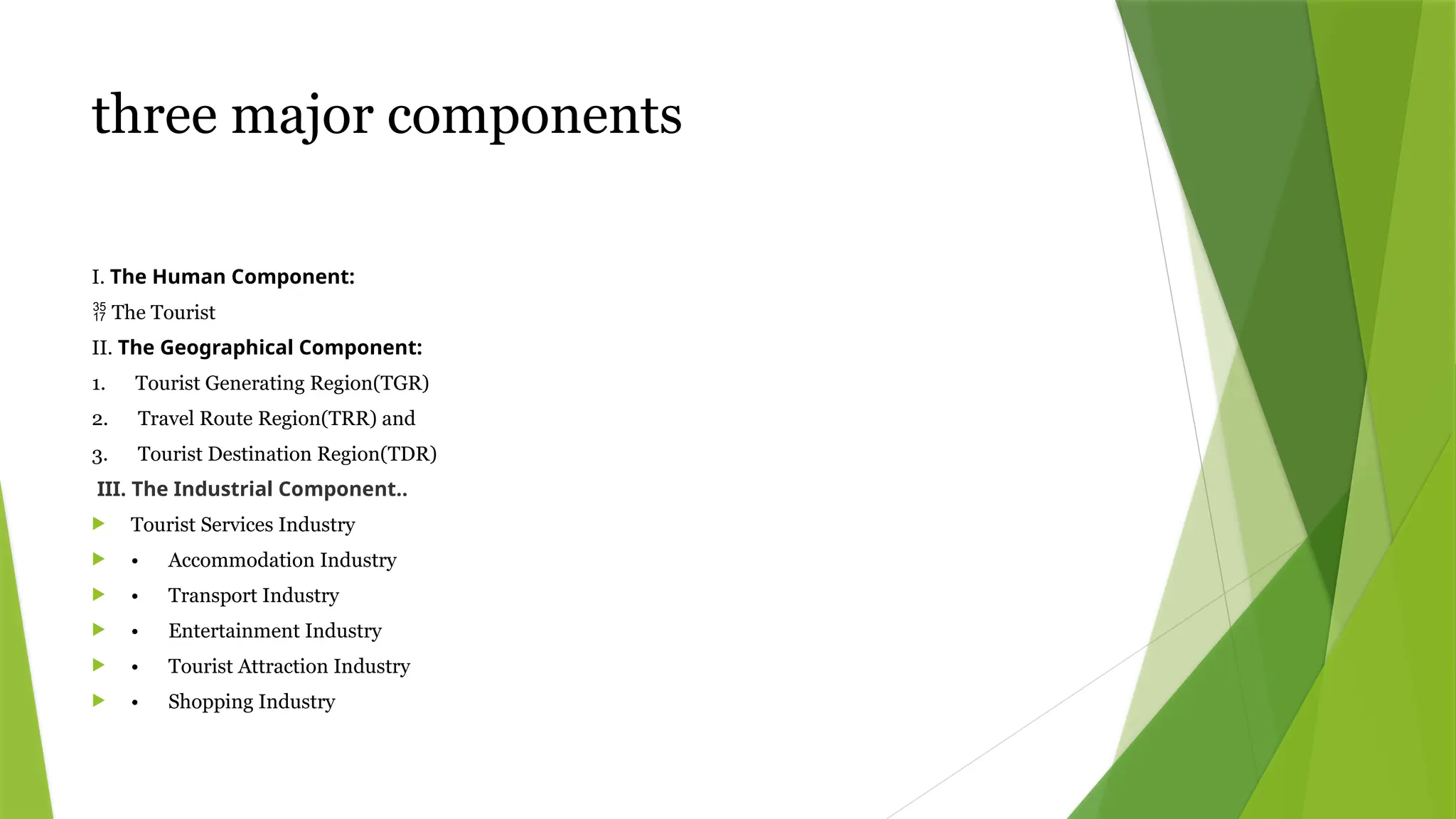three major components
I. The Human Component:
 The Tourist
II. The Geographical Component:
1. Tourist Generating Region(TGR)
2. Travel Route Region(TRR) and
3. Tourist Destination Region(TDR)
III. The Industrial Component..
 Tourist Services Industry
 • Accommodation Industry
 • Transport Industry
 • Entertainment Industry
 • Tourist Attraction Industry
 • Shopping Industry
 