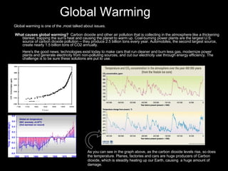 Global Warming Global warming is one of the ,most talked about issues.  What causes global warming?   Carbon dioxide and other air pollution that is collecting in the atmosphere like a thickening blanket, trapping the sun's heat and causing the planet to warm up. Coal-burning power plants are the largest U.S. source of carbon dioxide pollution -- they produce 2.5 billion tons every year. Automobiles, the second largest source, create nearly 1.5 billion tons of CO2 annually. Here's the good news: technologies exist today to make cars that run cleaner and burn less gas, modernize power plants and generate electricity from non-polluting sources, and cut our electricity use through energy efficiency. The challenge is to be sure these solutions are put to use. As you can see in the graph above, as the carbon dioxide levels rise, so does the temperature. Planes, factories and cars are huge producers of Carbon dioxide, which is steadily heating up our Earth, causing  a huge amount of damage. 