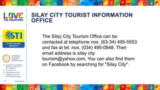 DEPARTMENT
OF TOURISM
REGION VI
WESTERN VISAYAS
M Ground Floor, Casa Real de
Iloilo, Gen. Luna St, Iloilo
City, Philippines
N (+63 33) 337 5411
D www.philippines.travel
E dot6@tourism.gov.ph
F @DOTR6WesternVisayas
05/31/2025
13
SILAY CITY TOURIST INFORMATION
OFFICE
The Silay City Tourism Office can be
contacted at telephone nos. (63-34) 495-5553
and fax at tel. nos. (034) 495-0848. Their
email address is silay city
tourism@yahoo.com, You can also find them
on Facebook by searching for "Silay City".
 