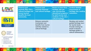 DEPARTMENT
OF TOURISM
REGION VI
WESTERN VISAYAS
M Ground Floor, Casa Real de
Iloilo, Gen. Luna St, Iloilo
City, Philippines
N (+63 33) 337 5411
D www.philippines.travel
E dot6@tourism.gov.ph
F @DOTR6WesternVisayas
05/31/2025
24
Preserve and
promote Silay City’s
cultural heritage and
ensure tourism
benefits the local
community.
Preserve and
promote historical
and cultural heritage.
Restore at least three
heritage sites per
year and develop
educational programs
for both tourists and
residents on the city’s
cultural heritage.
Conduct detailed
assessments of
heritage sites needing
restoration.
Enhance community
involvement and
benefits from tourism
activities related to
cultural heritage.
Develop and conduct
guided heritage tours
for tourists locals
Provide training for
locals to become
heritage guides or
cultural ambassadors.
 