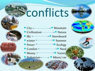 conflicts
city
City
Civilization
Ski
winter
Power
Comfort
Money
Pedestrian
Mountain
Nature
Snowboard
Summer
Ecology
Need
Variety
bikers/ car
 