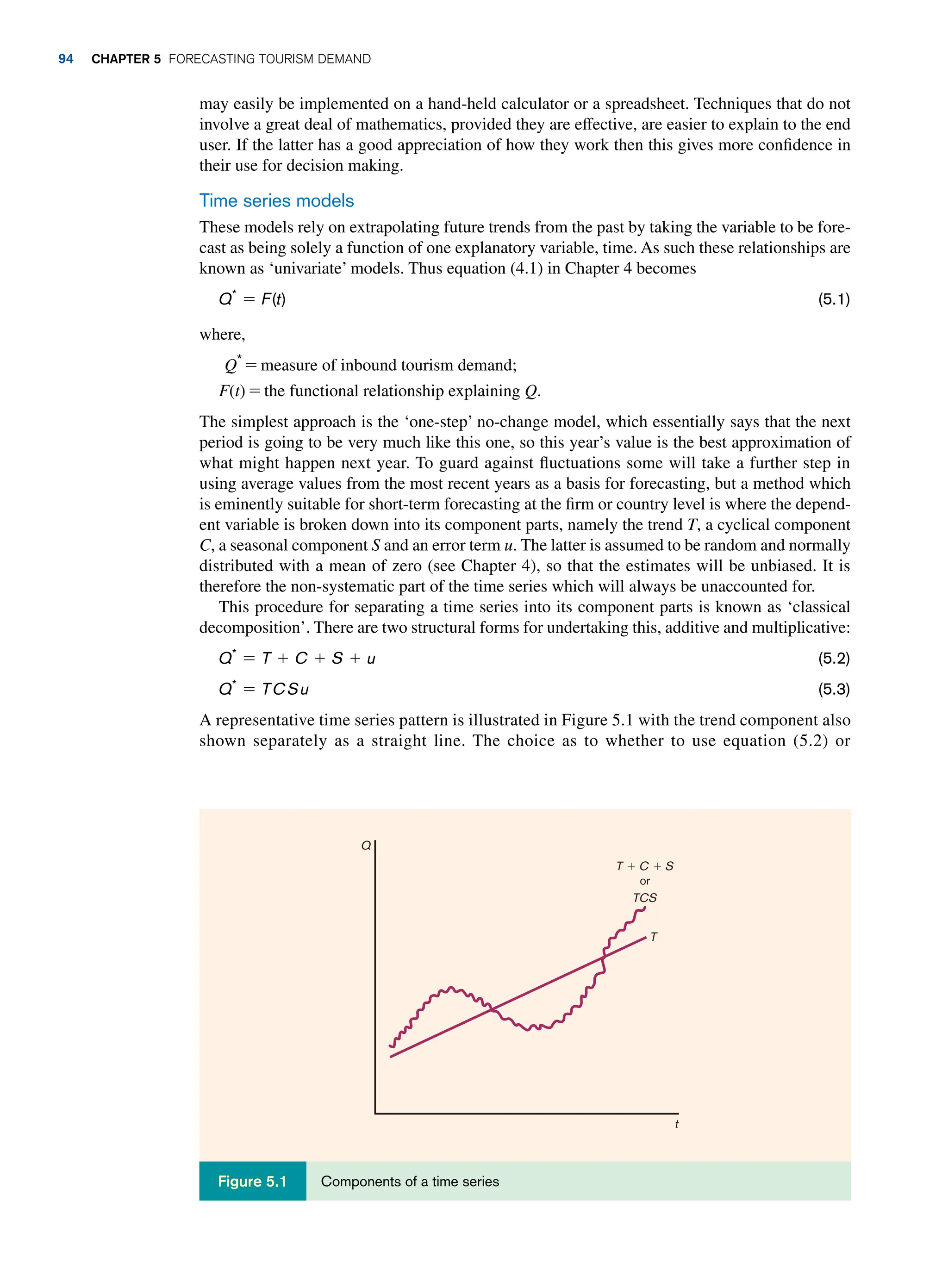 may easily be implemented on a hand-held calculator or a spreadsheet. Techniques that do not
involve a great deal of mathematics, provided they are effective, are easier to explain to the end
user. If the latter has a good appreciation of how they work then this gives more confidence in
their use for decision making.
Time series models
These models rely on extrapolating future trends from the past by taking the variable to be fore-
cast as being solely a function of one explanatory variable, time. As such these relationships are
known as ‘univariate’ models. Thus equation (4.1) in Chapter 4 becomes
Q*
= F(t) (5.1)
where,
Q*
= measure of inbound tourism demand;
F(t) = the functional relationship explaining Q.
The simplest approach is the ‘one-step’ no-change model, which essentially says that the next
period is going to be very much like this one, so this year’s value is the best approximation of
what might happen next year. To guard against fluctuations some will take a further step in
using average values from the most recent years as a basis for forecasting, but a method which
is eminently suitable for short-term forecasting at the firm or country level is where the depend-
ent variable is broken down into its component parts, namely the trend T, a cyclical component
C, a seasonal component S and an error term u. The latter is assumed to be random and normally
distributed with a mean of zero (see Chapter 4), so that the estimates will be unbiased. It is
therefore the non-systematic part of the time series which will always be unaccounted for.
This procedure for separating a time series into its component parts is known as ‘classical
decomposition’. There are two structural forms for undertaking this, additive and multiplicative:
Q*
= T + C + S + u (5.2)
Q*
= TCSu (5.3)
A representative time series pattern is illustrated in Figure 5.1 with the trend component also
shown separately as a straight line. The choice as to whether to use equation (5.2) or
TCS
T 1 C 1 S
or
Q
T
t
Components of a time series
Figure 5.1
94 Chapter 5 Forecasting Tourism Demand
 