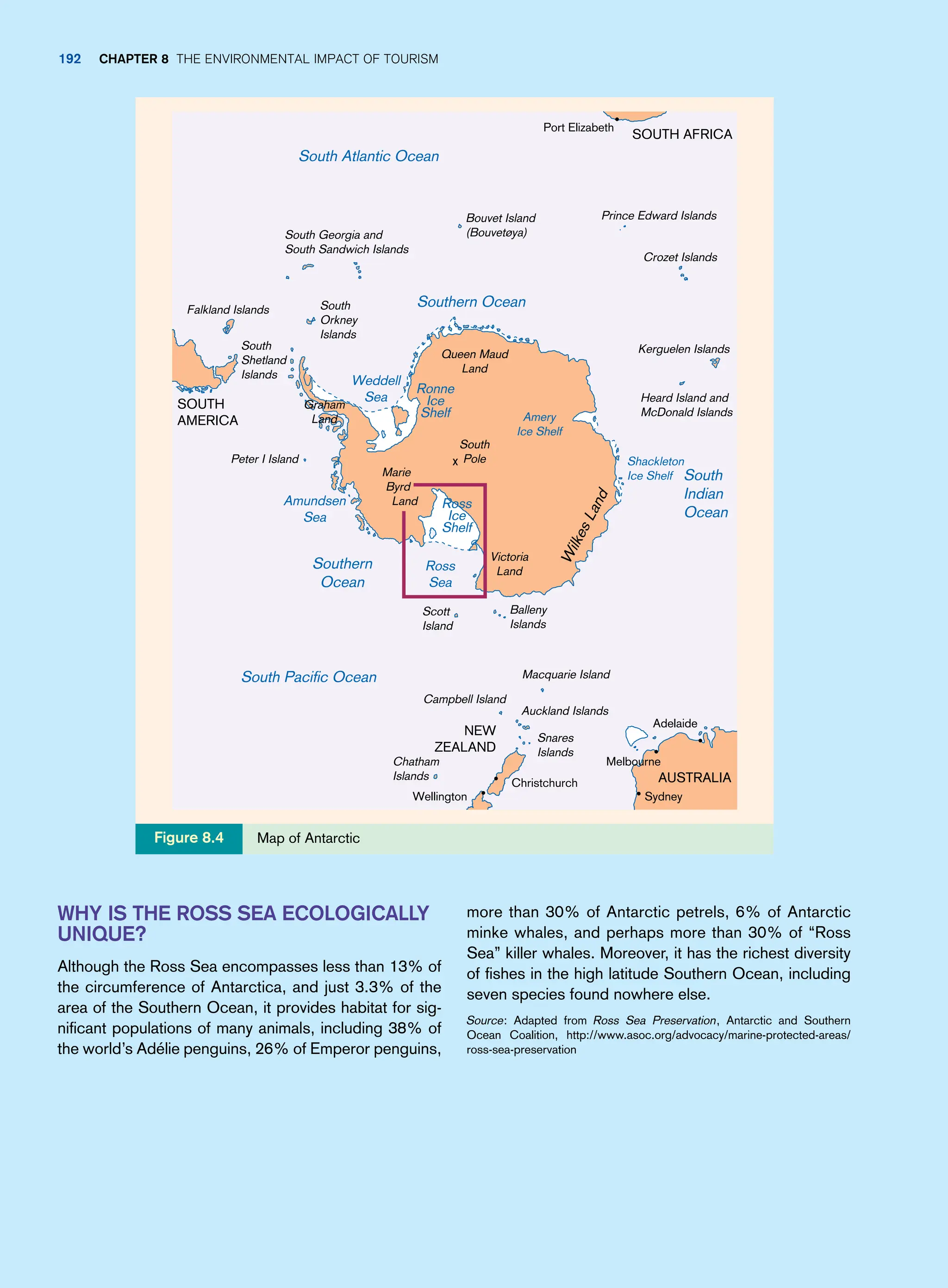 more than 30% of Antarctic petrels, 6% of Antarctic
minke whales, and perhaps more than 30% of “Ross
Sea” killer whales. Moreover, it has the richest diversity
of fishes in the high latitude Southern Ocean, including
seven species found nowhere else.
Source: Adapted from Ross Sea Preservation, Antarctic and Southern
Ocean Coalition, http://www.asoc.org/advocacy/marine-protected-areas/
ross-sea-preservation
Why is the Ross Sea ecologically
unique?
Although the Ross Sea encompasses less than 13% of
the circumference of Antarctica, and just 3.3% of the
area of the Southern Ocean, it provides habitat for sig-
nificant populations of many animals, including 38% of
the world’s Adélie penguins, 26% of Emperor penguins,
W
i
l
k
e
s
L
a
n
d
Victoria
Land
South
Pole
x
South
Orkney
Islands
Queen Maud
Land
Graham
Land
Marie
Byrd
Land
SOUTH AFRICA
AUSTRALIA
South Georgia and
South Sandwich Islands
South
Shetland
Islands
Bouvet Island
(Bouvetøya)
Port Elizabeth
Prince Edward Islands
Crozet Islands
Kerguelen Islands
Heard Island and
McDonald Islands
Scott
Island
Peter I Island
Falkland Islands
Balleny
Islands
Macquarie Island
Auckland Islands
Snares
Islands
Sydney
Campbell Island
Chatham
Islands
Wellington
Christchurch
Melbourne
Adelaide
NEW
ZEALAND
SOUTH
AMERICA
South Atlantic Ocean
South
Indian
Ocean
South Paciﬁc Ocean
Southern Ocean
Southern
Ocean
Weddell
Sea
Amundsen
Sea
Ross
Sea
Amery
Ice Shelf
Shackleton
Ice Shelf
Ronne
Ice
Shelf
Ross
Ice
Shelf
Map of Antarctic
Figure 8.4
192 Chapter 8 The Environmental Impact of Tourism
 