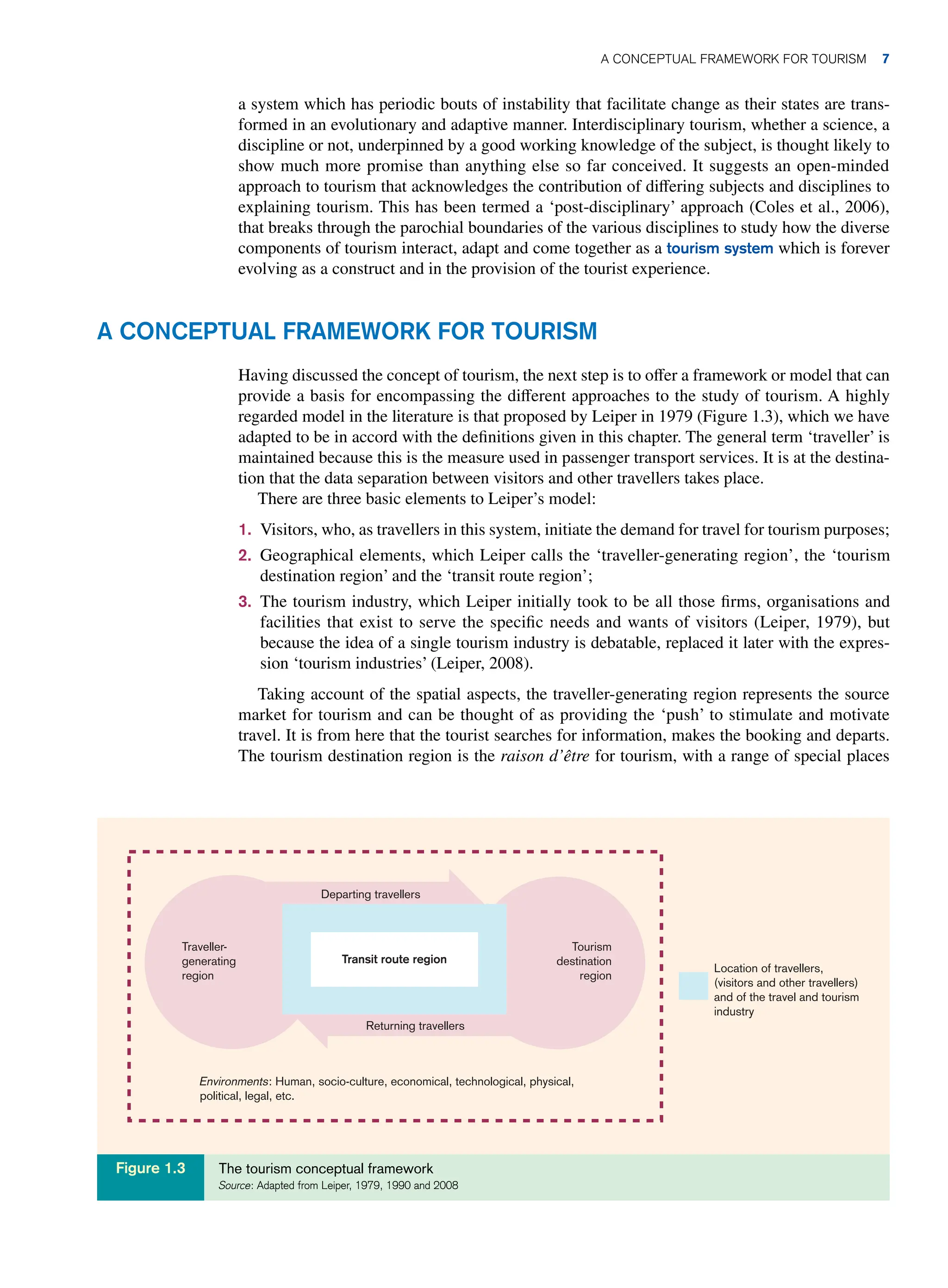 a system which has periodic bouts of instability that facilitate change as their states are trans-
formed in an evolutionary and adaptive manner. Interdisciplinary tourism, whether a science, a
discipline or not, underpinned by a good working knowledge of the subject, is thought likely to
show much more promise than anything else so far conceived. It suggests an open-minded
approach to tourism that acknowledges the contribution of differing subjects and disciplines to
explaining tourism. This has been termed a ‘post-disciplinary’ approach (Coles et al., 2006),
that breaks through the parochial boundaries of the various disciplines to study how the diverse
components of tourism interact, adapt and come together as a tourism system which is forever
evolving as a construct and in the provision of the tourist experience.
A CONCEPTUAL FRAMEWORK FOR TOURISM
Having discussed the concept of tourism, the next step is to offer a framework or model that can
provide a basis for encompassing the different approaches to the study of tourism. A highly
regarded model in the literature is that proposed by Leiper in 1979 (Figure 1.3), which we have
adapted to be in accord with the definitions given in this chapter. The general term ‘traveller’ is
maintained because this is the measure used in passenger transport services. It is at the destina-
tion that the data separation between visitors and other travellers takes place.
There are three basic elements to Leiper’s model:
1. Visitors, who, as travellers in this system, initiate the demand for travel for tourism purposes;
2. Geographical elements, which Leiper calls the ‘traveller-generating region’, the ‘tourism
destination region’ and the ‘transit route region’;
3. The tourism industry, which Leiper initially took to be all those firms, organisations and
facilities that exist to serve the specific needs and wants of visitors (Leiper, 1979), but
because the idea of a single tourism industry is debatable, replaced it later with the expres-
sion ‘tourism industries’ (Leiper, 2008).
Taking account of the spatial aspects, the traveller-generating region represents the source
market for tourism and can be thought of as providing the ‘push’ to stimulate and motivate
travel. It is from here that the tourist searches for information, makes the booking and departs.
The tourism destination region is the raison d’être for tourism, with a range of special places
Returning travellers
Location of travellers,
(visitors and other travellers)
and of the travel and tourism
industry
Environments: Human, socio-culture, economical, technological, physical,
political, legal, etc.
Transit route region
Tourism
destination
region
Traveller-
generating
region
Departing travellers
The tourism conceptual framework
Source: Adapted from Leiper, 1979, 1990 and 2008
Figure 1.3
A Conceptual Framework for Tourism 7
 