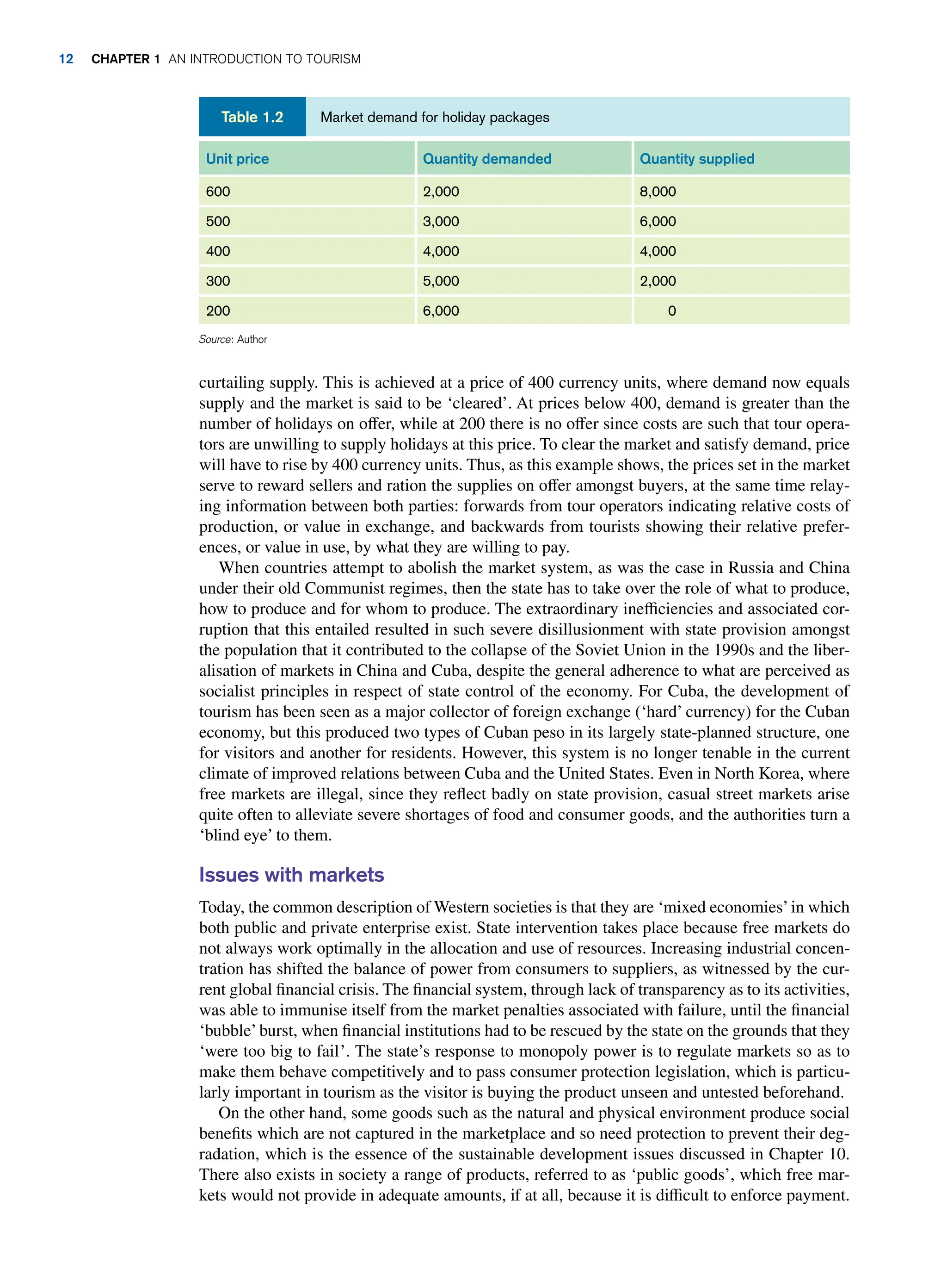 curtailing supply. This is achieved at a price of 400 currency units, where demand now equals
supply and the market is said to be ‘cleared’. At prices below 400, demand is greater than the
number of holidays on offer, while at 200 there is no offer since costs are such that tour opera-
tors are unwilling to supply holidays at this price. To clear the market and satisfy demand, price
will have to rise by 400 currency units. Thus, as this example shows, the prices set in the market
serve to reward sellers and ration the supplies on offer amongst buyers, at the same time relay-
ing information between both parties: forwards from tour operators indicating relative costs of
production, or value in exchange, and backwards from tourists showing their relative prefer-
ences, or value in use, by what they are willing to pay.
When countries attempt to abolish the market system, as was the case in Russia and China
under their old Communist regimes, then the state has to take over the role of what to produce,
how to produce and for whom to produce. The extraordinary inefficiencies and associated cor-
ruption that this entailed resulted in such severe disillusionment with state provision amongst
the population that it contributed to the collapse of the Soviet Union in the 1990s and the liber-
alisation of markets in China and Cuba, despite the general adherence to what are perceived as
socialist principles in respect of state control of the economy. For Cuba, the development of
tourism has been seen as a major collector of foreign exchange (‘hard’ currency) for the Cuban
economy, but this produced two types of Cuban peso in its largely state-planned structure, one
for visitors and another for residents. However, this system is no longer tenable in the current
climate of improved relations between Cuba and the United States. Even in North Korea, where
free markets are illegal, since they reflect badly on state provision, casual street markets arise
quite often to alleviate severe shortages of food and consumer goods, and the authorities turn a
‘blind eye’ to them.
Issues with markets
Today, the common description of Western societies is that they are ‘mixed economies’in which
both public and private enterprise exist. State intervention takes place because free markets do
not always work optimally in the allocation and use of resources. Increasing industrial concen-
tration has shifted the balance of power from consumers to suppliers, as witnessed by the cur-
rent global financial crisis. The financial system, through lack of transparency as to its activities,
was able to immunise itself from the market penalties associated with failure, until the financial
‘bubble’burst, when financial institutions had to be rescued by the state on the grounds that they
‘were too big to fail’. The state’s response to monopoly power is to regulate markets so as to
make them behave competitively and to pass consumer protection legislation, which is particu-
larly important in tourism as the visitor is buying the product unseen and untested beforehand.
On the other hand, some goods such as the natural and physical environment produce social
benefits which are not captured in the marketplace and so need protection to prevent their deg-
radation, which is the essence of the sustainable development issues discussed in Chapter 10.
There also exists in society a range of products, referred to as ‘public goods’, which free mar-
kets would not provide in adequate amounts, if at all, because it is difficult to enforce payment.
Unit price Quantity demanded Quantity supplied
600 2,000 8,000
500 3,000 6,000
400 4,000 4,000
300 5,000 2,000
200 6,000 0
Source: Author
Market demand for holiday packages
Table 1.2
12 CHAPTER 1 AN INTRODUCTION TO TOURISM
 