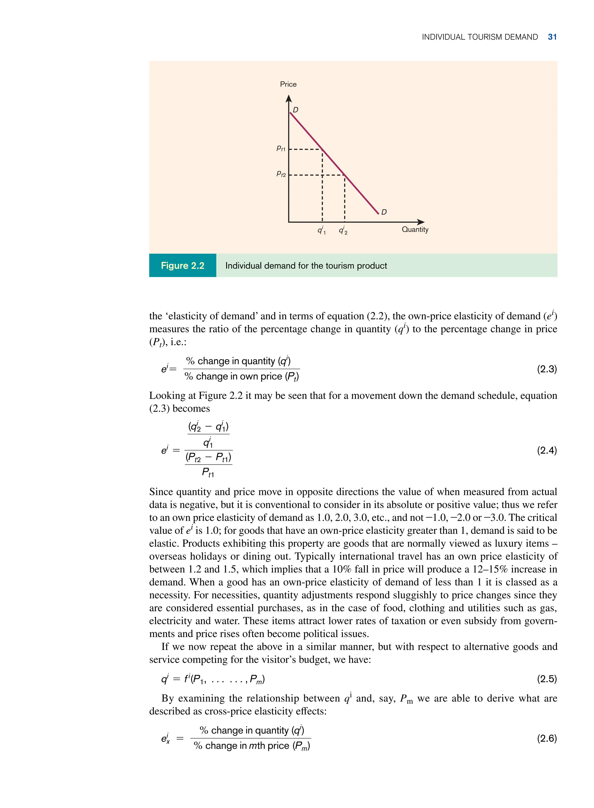 the ‘elasticity of demand’ and in terms of equation (2.2), the own-price elasticity of demand (ei
)
measures the ratio of the percentage change in quantity (qi
) to the percentage change in price
(Pt), i.e.:
ei
=
, change in quantity (qi
)
, change in own price (Pt)
(2.3)
Looking at Figure 2.2 it may be seen that for a movement down the demand schedule, equation
(2.3) becomes
ei
=
(qi
2 - qi
1)
qi
1
(Pt2 - Pt1)
Pt1
(2.4)
Since quantity and price move in opposite directions the value of when measured from actual
data is negative, but it is conventional to consider in its absolute or positive value; thus we refer
to an own price elasticity of demand as 1.0, 2.0, 3.0, etc., and not -1.0, -2.0 or -3.0. The critical
value of ei
is 1.0; for goods that have an own-price elasticity greater than 1, demand is said to be
elastic. Products exhibiting this property are goods that are normally viewed as luxury items –
overseas holidays or dining out. Typically international travel has an own price elasticity of
between 1.2 and 1.5, which implies that a 10% fall in price will produce a 12–15% increase in
demand. When a good has an own-price elasticity of demand of less than 1 it is classed as a
necessity. For necessities, quantity adjustments respond sluggishly to price changes since they
are considered essential purchases, as in the case of food, clothing and utilities such as gas,
electricity and water. These items attract lower rates of taxation or even subsidy from govern-
ments and price rises often become political issues.
If we now repeat the above in a similar manner, but with respect to alternative goods and
service competing for the visitor’s budget, we have:
qi
= fi
(P1, c c, Pm)(2.5)
By examining the relationship between qi
and, say, Pm we are able to derive what are
described as cross-price elasticity effects:
ei
x =
, change in quantity (qi
)
, change in mth price (Pm)
(2.6)
Price
Quantity
qi
1 qi
2
pt1
pt2
D
D
Individual demand for the tourism product
Figure 2.2
Individual Tourism Demand 31
 