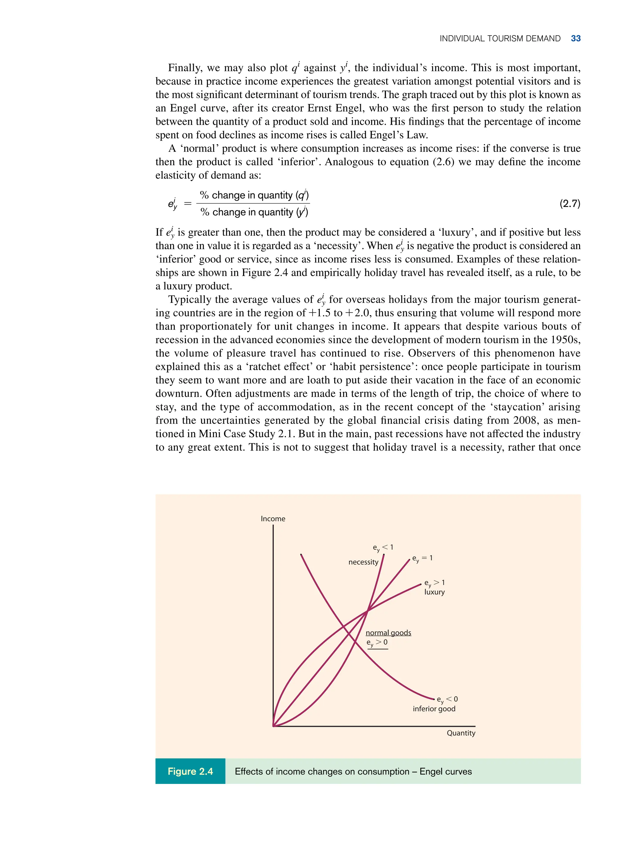 Finally, we may also plot qi
against yi
, the individual’s income. This is most important,
because in practice income experiences the greatest variation amongst potential visitors and is
the most significant determinant of tourism trends. The graph traced out by this plot is known as
an Engel curve, after its creator Ernst Engel, who was the first person to study the relation
between the quantity of a product sold and income. His findings that the percentage of income
spent on food declines as income rises is called Engel’s Law.
A ‘normal’ product is where consumption increases as income rises: if the converse is true
then the product is called ‘inferior’. Analogous to equation (2.6) we may define the income
elasticity of demand as:
ei
y =
, change in quantity (qi
)
, change in quantity (yi
)
(2.7)
If ei
y is greater than one, then the product may be considered a ‘luxury’, and if positive but less
than one in value it is regarded as a ‘necessity’. When ei
y is negative the product is considered an
‘inferior’ good or service, since as income rises less is consumed. Examples of these relation-
ships are shown in Figure 2.4 and empirically holiday travel has revealed itself, as a rule, to be
a luxury product.
Typically the average values of ei
y for overseas holidays from the major tourism generat-
ing countries are in the region of +1.5 to + 2.0, thus ensuring that volume will respond more
than proportionately for unit changes in income. It appears that despite various bouts of
recession in the advanced economies since the development of modern tourism in the 1950s,
the volume of pleasure travel has continued to rise. Observers of this phenomenon have
explained this as a ‘ratchet effect’ or ‘habit persistence’: once people participate in tourism
they seem to want more and are loath to put aside their vacation in the face of an economic
downturn. Often adjustments are made in terms of the length of trip, the choice of where to
stay, and the type of accommodation, as in the recent concept of the ‘staycation’ arising
from the uncertainties generated by the global financial crisis dating from 2008, as men-
tioned in Mini Case Study 2.1. But in the main, past recessions have not affected the industry
to any great extent. This is not to suggest that holiday travel is a necessity, rather that once
Effects of income changes on consumption – Engel curves
Figure 2.4
Individual Tourism Demand 33
 