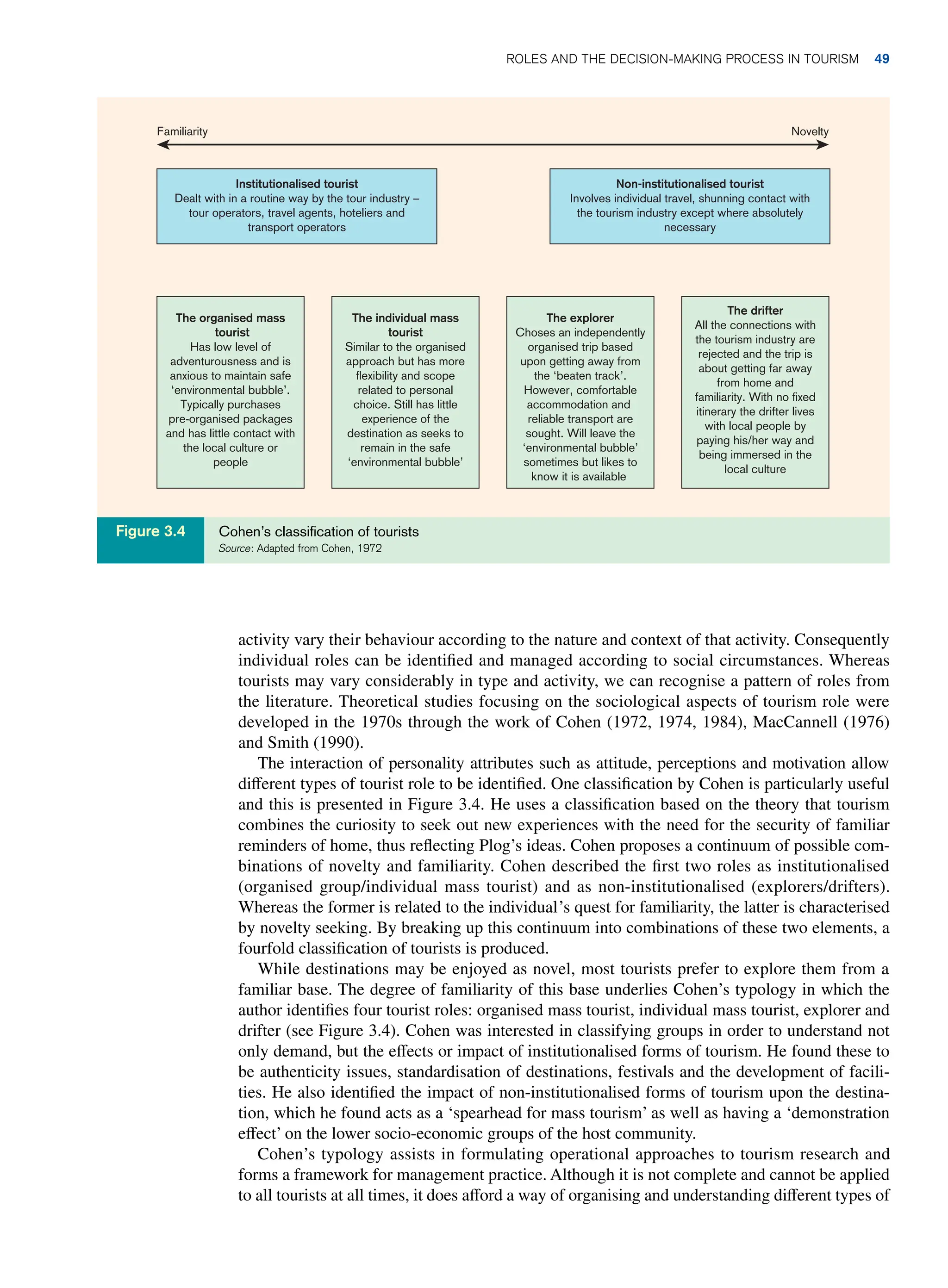 activity vary their behaviour according to the nature and context of that activity. Consequently
individual roles can be identified and managed according to social circumstances. Whereas
tourists may vary considerably in type and activity, we can recognise a pattern of roles from
the literature. Theoretical studies focusing on the sociological aspects of tourism role were
developed in the 1970s through the work of Cohen (1972, 1974, 1984), MacCannell (1976)
and Smith (1990).
The interaction of personality attributes such as attitude, perceptions and motivation allow
different types of tourist role to be identified. One classification by Cohen is particularly useful
and this is presented in Figure 3.4. He uses a classification based on the theory that tourism
combines the curiosity to seek out new experiences with the need for the security of familiar
reminders of home, thus reflecting Plog’s ideas. Cohen proposes a continuum of possible com-
binations of novelty and familiarity. Cohen described the first two roles as institutionalised
(organised group/individual mass tourist) and as non-institutionalised (explorers/drifters).
Whereas the former is related to the individual’s quest for familiarity, the latter is characterised
by novelty seeking. By breaking up this continuum into combinations of these two elements, a
fourfold classification of tourists is produced.
While destinations may be enjoyed as novel, most tourists prefer to explore them from a
familiar base. The degree of familiarity of this base underlies Cohen’s typology in which the
author identifies four tourist roles: organised mass tourist, individual mass tourist, explorer and
drifter (see Figure 3.4). Cohen was interested in classifying groups in order to understand not
only demand, but the effects or impact of institutionalised forms of tourism. He found these to
be authenticity issues, standardisation of destinations, festivals and the development of facili-
ties. He also identified the impact of non-institutionalised forms of tourism upon the destina-
tion, which he found acts as a ‘spearhead for mass tourism’ as well as having a ‘demonstration
effect’ on the lower socio-economic groups of the host community.
Cohen’s typology assists in formulating operational approaches to tourism research and
forms a framework for management practice. Although it is not complete and cannot be applied
to all tourists at all times, it does afford a way of organising and understanding different types of
Institutionalised tourist
Dealt with in a routine way by the tour industry –
tour operators, travel agents, hoteliers and
transport operators
Non-institutionalised tourist
Involves individual travel, shunning contact with
the tourism industry except where absolutely
necessary
The drifter
All the connections with
the tourism industry are
rejected and the trip is
about getting far away
from home and
familiarity. With no fixed
itinerary the drifter lives
with local people by
paying his/her way and
being immersed in the
local culture
The explorer
Choses an independently
organised trip based
upon getting away from
the ‘beaten track’.
However, comfortable
accommodation and
reliable transport are
sought. Will leave the
‘environmental bubble’
sometimes but likes to
know it is available
The individual mass
tourist
Similar to the organised
approach but has more
flexibility and scope
related to personal
choice. Still has little
experience of the
destination as seeks to
remain in the safe
‘environmental bubble’
The organised mass
tourist
Has low level of
adventurousness and is
anxious to maintain safe
‘environmental bubble’.
Typically purchases
pre-organised packages
and has little contact with
the local culture or
people
Novelty
Familiarity
Cohen’s classification of tourists
Source: Adapted from Cohen, 1972
Figure 3.4
	Roles and The Decision-Making Process in Tourism 49
 