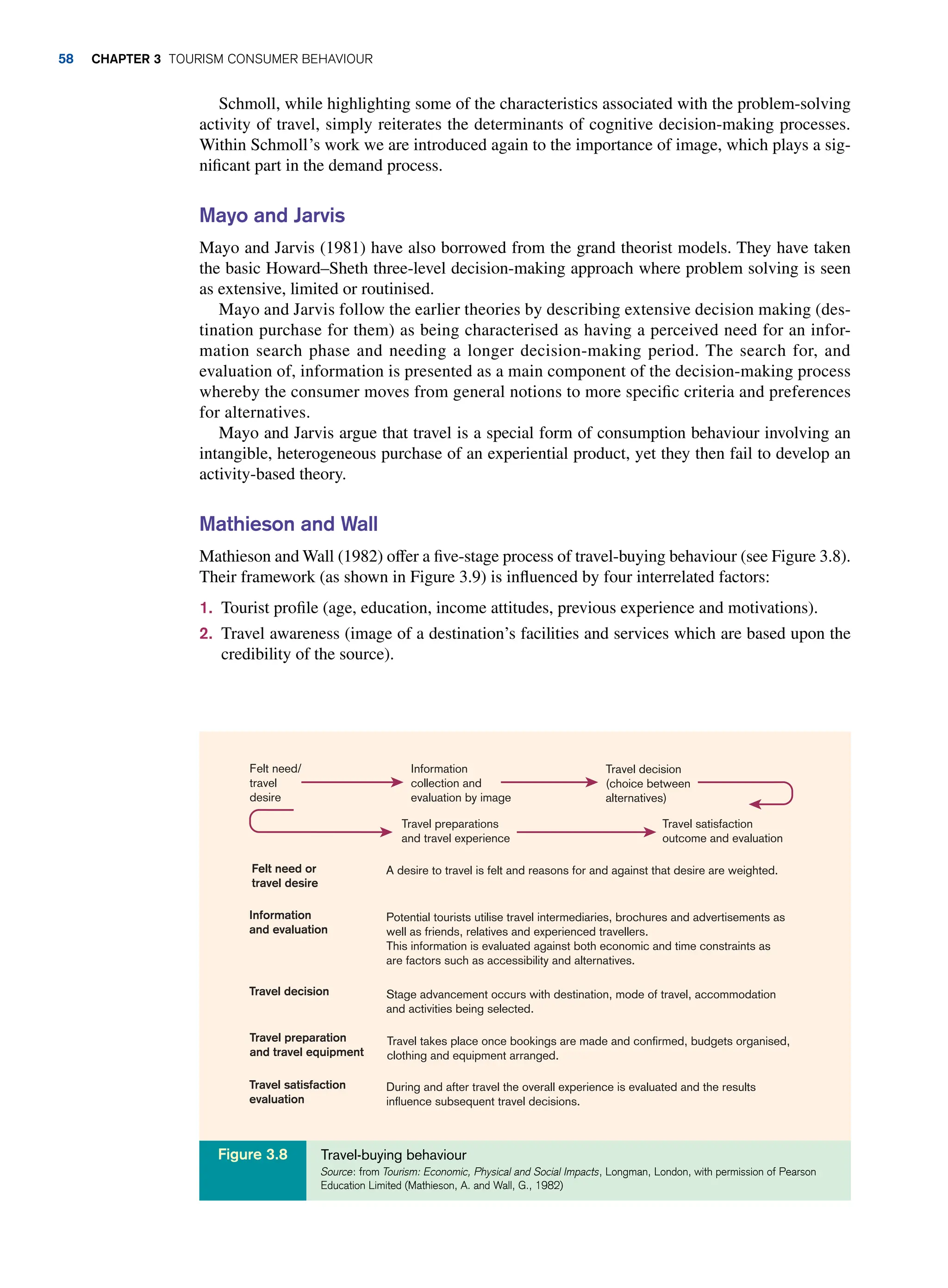 Schmoll, while highlighting some of the characteristics associated with the problem-solving
activity of travel, simply reiterates the determinants of cognitive decision-making processes.
Within Schmoll’s work we are introduced again to the importance of image, which plays a sig-
nificant part in the demand process.
Mayo and Jarvis
Mayo and Jarvis (1981) have also borrowed from the grand theorist models. They have taken
the basic Howard–Sheth three-level decision-making approach where problem solving is seen
as extensive, limited or routinised.
Mayo and Jarvis follow the earlier theories by describing extensive decision making (des-
tination purchase for them) as being characterised as having a perceived need for an infor-
mation search phase and needing a longer decision-making period. The search for, and
evaluation of, information is presented as a main component of the decision-making process
whereby the consumer moves from general notions to more specific criteria and preferences
for alternatives.
Mayo and Jarvis argue that travel is a special form of consumption behaviour involving an
intangible, heterogeneous purchase of an experiential product, yet they then fail to develop an
activity-based theory.
Mathieson and Wall
Mathieson and Wall (1982) offer a five-stage process of travel-buying behaviour (see Figure 3.8).
Their framework (as shown in Figure 3.9) is influenced by four interrelated factors:
1. Tourist profile (age, education, income attitudes, previous experience and motivations).
2. Travel awareness (image of a destination’s facilities and services which are based upon the
credibility of the source).
Felt need/
travel
desire
Felt need or
travel desire
Information
and evaluation
Travel decision
Travel preparation
and travel equipment
Travel satisfaction
evaluation
Information
collection and
evaluation by image
Travel decision
(choice between
alternatives)
Travel preparations
and travel experience
Travel satisfaction
outcome and evaluation
A desire to travel is felt and reasons for and against that desire are weighted.
Potential tourists utilise travel intermediaries, brochures and advertisements as
well as friends, relatives and experienced travellers.
This information is evaluated against both economic and time constraints as
are factors such as accessibility and alternatives.
Stage advancement occurs with destination, mode of travel, accommodation
and activities being selected.
Travel takes place once bookings are made and confirmed, budgets organised,
clothing and equipment arranged.
During and after travel the overall experience is evaluated and the results
influence subsequent travel decisions.
Travel-buying behaviour
Source: from Tourism: Economic, Physical and Social Impacts, Longman, London, with permission of Pearson
Education Limited (Mathieson, A. and Wall, G., 1982)
Figure 3.8
58 chapter 3 Tourism Consumer Behaviour
 