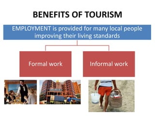 BENEFITS OF TOURISM
EMPLOYMENT is provided for many local people
improving their living standards
Formal work Informal work
 