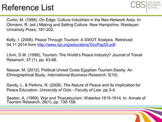Reference List 
Curtin, M. (1996). On Edge: Culture Industries in the Neo-Network Area. In: 
Ohmann, R. (ed.) Making and Selling Culture. New Hampshire: Wesleyan 
University Press, 181-202. 
Kelly, I. (2006). Peace Through Tourism: A SWOT Analysis. Retreived 
04.11.2014 from http://www.iipt.org/educators/OccPap02.pdf. 
Litvin, S.W. (1998), Tourism: The World’s Peace Industry? Journal of Travel 
Reserach, 37 (1), pp. 63-66. 
Nassar, M. (2012). Political Unrest Costs Egyptian Tourism Dearly: An 
Ethnographical Study. International Business Research, 5(10) 
Sandy, L. & Perkins, R. (2008). The Nature of Peace and Its Implication for 
Peace Education. University of Oslo - Faculty of Law. pp.3-4. 
Seaton, A. (1999). War and Thanatourism: Waterloo 1815-1914. In: Annals of 
Tourism Research, 26(1), pp. 130-158. 
34 
 