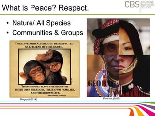 What is Peace? Respect. 
• Nature/ All Species 
• Communities & Groups 
7 
Blogspot (2014) Paredes, (2010) 
 