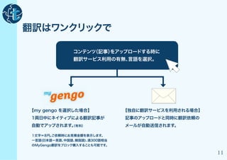 翻訳はワンクリックで

                コンテンツ
                    （記事）
                       をアップロードする時に
                翻訳サービス利用の有無、言語を選択。




【my gengo を選択した場合】              【独自に翻訳サービスを利用される場合】
 1両日中にネイティブによる翻訳記事が             記事のアップロードと同時に翻訳依頼の
 自動でアップされます。
           （有料）                 メールが自動送信されます。

 １文字＝８円。 ご依頼時にお見積金額を表示します。
 一言語(日本語ー英語、 中国語、韓国語)、週300語相当
 のMyGengo翻訳をブロック購入することも可能です。

                                                      11
 