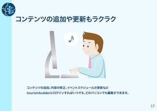コンテンツの追加や更新もラクラク

                 ♪




 コンテンツの追加、
         内容の修正、
              イベントスケジュールの更新など
 tourismbuilderにログインすればいつでも、
                           どのパソコンでも編集ができます。



                                              12
 