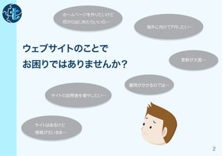 ホームページを作りたいけど
        何からはじめたらいいの・
                   ・・
                            海外に向けてPRしたい・
                                       ・・




ウェブサイトのことで
お困りではありませんか？
                                      更新が大変・
                                           ・・




                        費用がかかるのでは・
                                 ・・

     サイトの訪問者を増やしたい・
                  ・・




 サイトはあるけど
 情報が古いま ・
       ま・・


                                                2
 