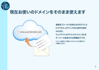 現在お使いのドメインをそのまま使えます

                                                   登録完了メールでお知らせするアドレス
                                                   にアクセス、
                                                        ログインすると制作を始め

  www.yourdomain.com                               られます。
                                                   ウェブサイトのアドレス
                                                             （ドメイン名）
                                                                   を
                                                   サーバーに転送すれば準備完了です。
                                 **   **
                            me *           *       ドメインを新たにご購入いただくことも可能です。
                       na            ***      ..
                se
                   r
                              d * *** .......
               u
                       wo
                            r            .         ご相談ください。
                                    ....
                    ss           w.
                 pa            w
                           //w
                      t p:
                   ht




                                                                             7
 