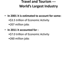 Travel and Tourism ---
World’s Largest Industry
• In 2001 it is estimated to account for some:
•$3.5 trillion of Economic Activity
•207 million jobs
• In 2011 it accounted for :
•$7.0 trillion of Economic Activity
•260 million jobs
 