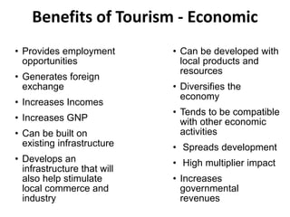 Benefits of Tourism - Economic
• Can be developed with
local products and
resources
• Diversifies the
economy
• Tends to be compatible
with other economic
activities
• Spreads development
• High multiplier impact
• Increases
governmental
revenues
• Provides employment
opportunities
• Generates foreign
exchange
• Increases Incomes
• Increases GNP
• Can be built on
existing infrastructure
• Develops an
infrastructure that will
also help stimulate
local commerce and
industry
 