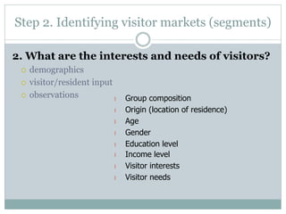 Step 2. Identifying visitor markets (segments)
2. What are the interests and needs of visitors?
 demographics
 visitor/resident input
 observations l Group composition
l Origin (location of residence)
l Age
l Gender
l Education level
l Income level
l Visitor interests
l Visitor needs
 