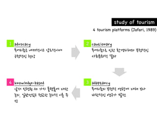 study of tourism
        4 tourism platforms (Jafari, 1989)


1   2




4   3
 