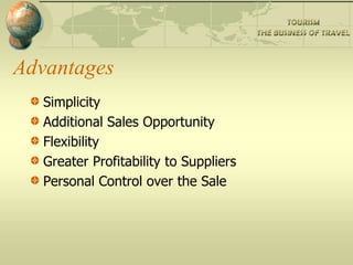 Advantages
  Simplicity
  Additional Sales Opportunity
  Flexibility
  Greater Profitability to Suppliers
  Personal Control over the Sale
 
