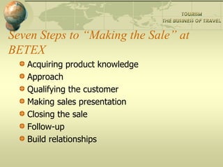 Seven Steps to “Making the Sale” at
BETEX
Acquiring product knowledge
Approach
Qualifying the customer
Making sales presentation
Closing the sale
Follow-up
Build relationships
 