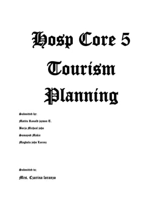Hosp Core 5<br />Tourism Planning<br />Submitted by:<br />Matitu Ronald jayson T.<br />Borja Micheal john <br />Sumayod Makie<br />Magdalu john Lorenz<br />  <br />Submitted to;<br />Mrs. Czarina loranzo<br />Tourism Planning<br />Spratly island Philippines<br />The Spratly Islands are a group of more than 750 reefs, islets, atolls, cays and islands in the South China Sea. The archipelago lies off the coasts of the Philippines and Malaysia (Sabah), about one third of the way from there to southern Vietnam. They comprise less than four square kilometres of land area spread over more than 425,000 square kilometres of sea. The Spratlys are one of three archipelagos of the South China Sea which comprise more than 30,000 islands and reefs and which complicate governance and economics in that region of Southeast Asia. Such small and remote islands have little economic value in themselves, but are important in establishing international boundaries. There are no native islanders but there are rich fishing grounds and initial surveys indicate the islands may contain significant reserves of oil and natural gas.<br />About 45 islands are occupied by relatively small numbers of military forces from Vietnam, the People's Republic of China, the Republic of China (Taiwan), Malaysia and the Philippines. Brunei has also claimed an EEZ in the south-eastern part of the Spratlys encompassing just one area of small islands above mean high water (on Louisa Reef.)<br />The spratly islands are the group of more than 100 islets, reefs, cays, shoals, etc. in the South China Sea<br />Sovereignty in the region is claim entirely by china, Taiwan, Vietnam and partly by the Philippines, Malaysia, and Brunei.<br />The land ares is less than 5 km2 scatteres over an area of nearly 410,000 km2.<br />The largest to smallest islands occupied and controlled by the countries are:<br />,[object Object]
