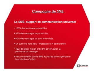 Campagne de SMS


Le SMS, support de communication universel

• 100% des terminaux compatibles.

• 92% des messages reçus sont lus.

• 60% des messages lus sont mémorisés.

• Un outil viral hors pair; 1 message sur 4 est transféré.

• Taux de retour moyen entre 5% et 15% selon la
  pertinence du message.

• 59% considèrent que le SMS accroît de façon significative
  leur intention d’achat.
 
