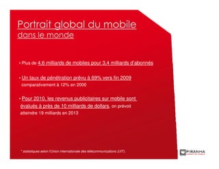 Portrait global du mobile
dans le monde


• Plus de 4,6 milliards de mobiles pour 3,4 milliards d’abonnés


• Un taux de pénétration prévu à 69% vers fin 2009
 comparativement à 12% en 2000


• Pour 2010, les revenus publicitaires sur mobile sont
évalués à près de 10 milliards de dollars, on prévoit
atteindre 19 milliards en 2013




* statistiques selon l'Union internationale des télécommunications (UIT).
 