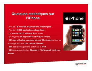 Quelques statistiques sur
           l’iPhone

• Plus de 1,5 milliards d’applications téléchargées
• Plus de 150 000 applications disponibles
• Un marché de 2,5 milliards $ par année
• En moyenne: 60 applications et 80 $ par iPhone
• 50% des utilisateurs passent plus de 45 minutes par jour sur
leurs applications et 25% plus de 2 heures
• 39% des téléchargements ce font via le iPod.
• 40% des gens qui ont un Blackberry l’échangerait contre un
iPhone
 